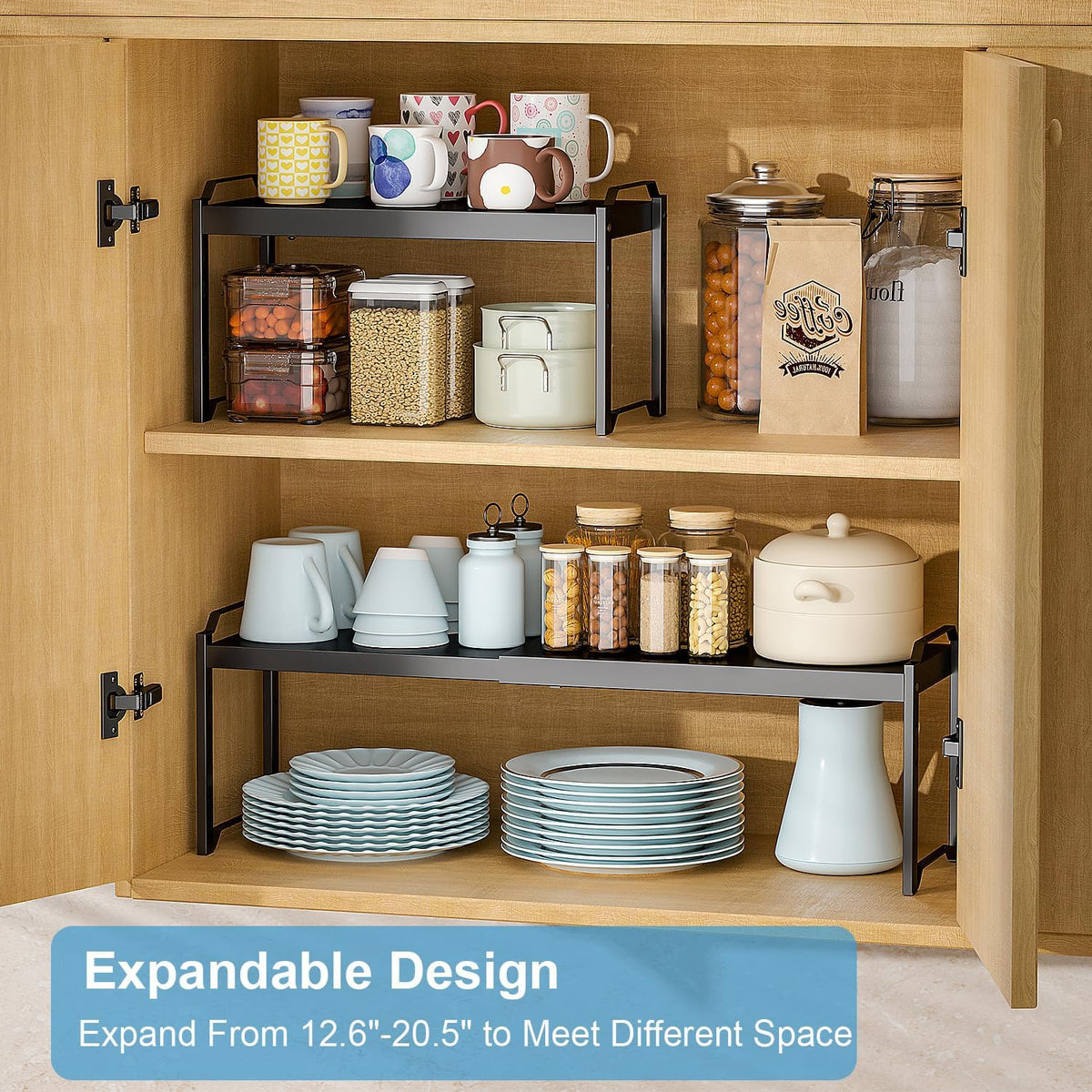 Set of 2 Expandable Kitchen Cabinet Shelves Organizers, Stackable Adjustable Small Storage Shelf Rack Stand For Pantry Cabinet Cupboard Kitchen Counter Organization, 22 lbs Capacity, Length:20.5"