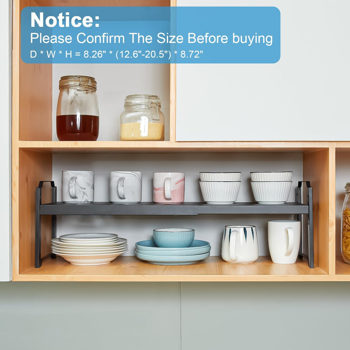 Set of 2 Expandable Kitchen Cabinet Shelves Organizers, Stackable Adjustable Small Storage Shelf Rack Stand For Pantry Cabinet Cupboard Kitchen Counter Organization, 22 lbs Capacity, Length:20.5"