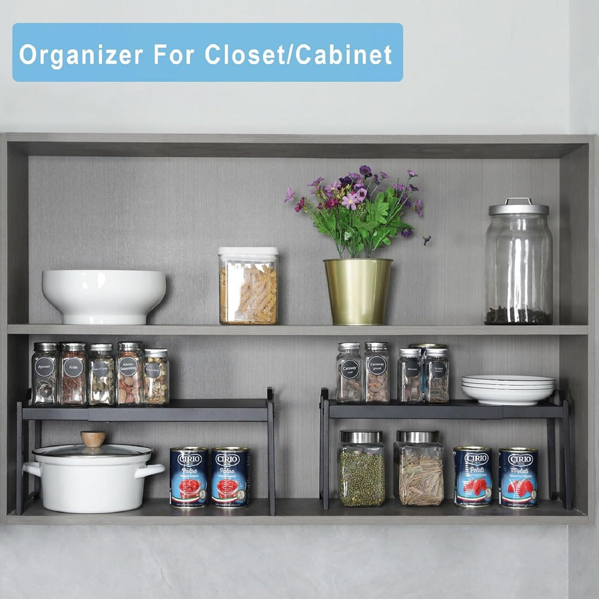Set of 2 Expandable Kitchen Cabinet Shelves Organizers, Stackable Adjustable Small Storage Shelf Rack Stand For Pantry Cabinet Cupboard Kitchen Counter Organization, 22 lbs Capacity, Length:20.5"