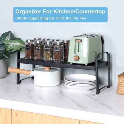 Set of 2 Expandable Kitchen Cabinet Shelves Organizers, Stackable Adjustable Small Storage Shelf Rack Stand For Pantry Cabinet Cupboard Kitchen Counter Organization, 22 lbs Capacity, Length:20.5"