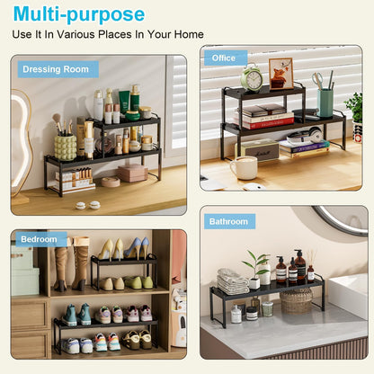 Set of 2 Expandable Kitchen Cabinet Shelves Organizers, Stackable Adjustable Small Storage Shelf Rack Stand For Pantry Cabinet Cupboard Kitchen Counter Organization, 22 lbs Capacity, Length:20.5"