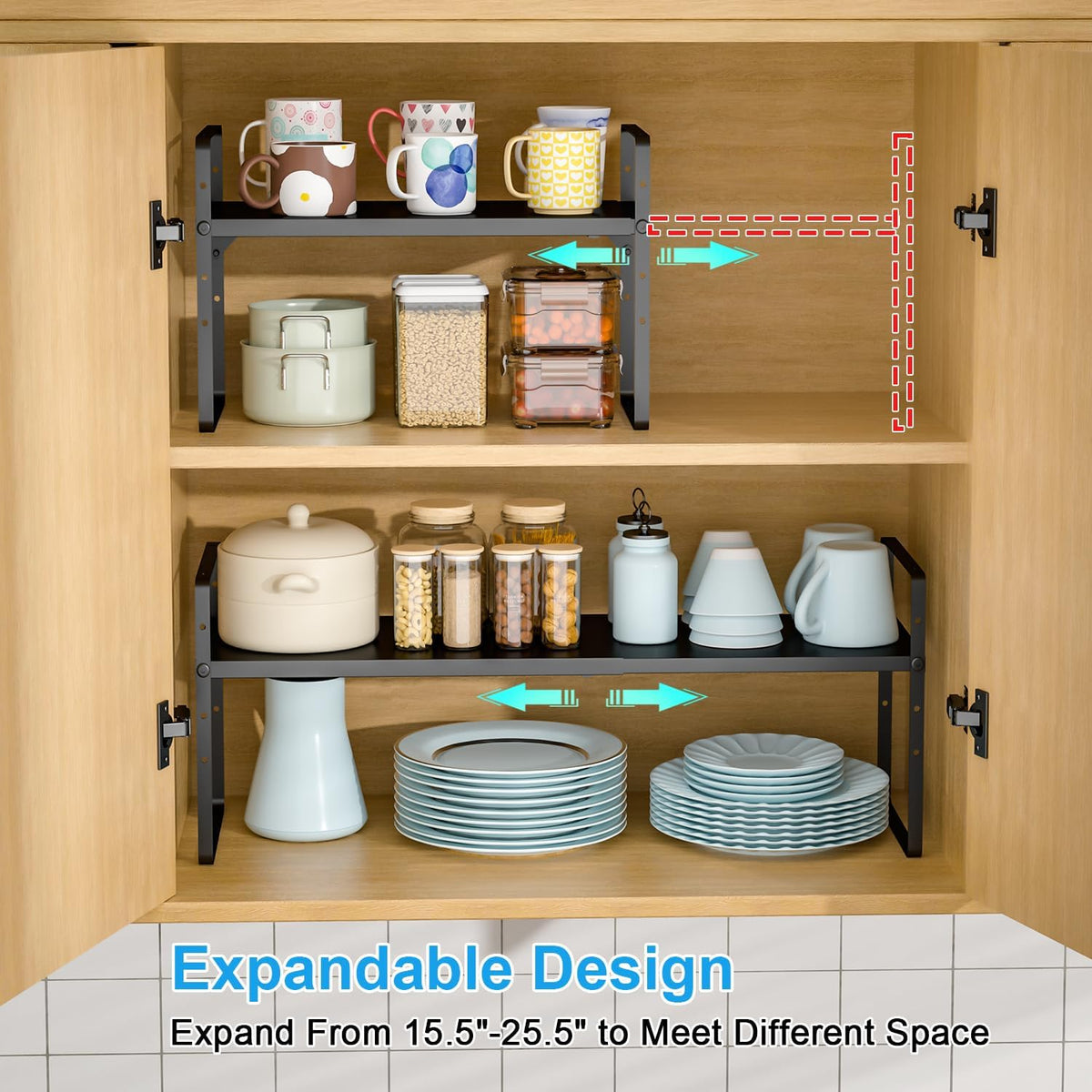 Set of 2 Expandable Kitchen Cabinet Shelves Organizers, Stackable Adjustable Small Storage Shelf Rack Stand For Pantry Cabinet Cupboard Kitchen Counter Organization, 22 lbs Capacity, Length:20.5"