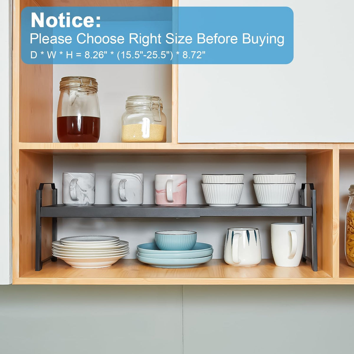 Set of 2 Expandable Kitchen Cabinet Shelves Organizers, Stackable Adjustable Small Storage Shelf Rack Stand For Pantry Cabinet Cupboard Kitchen Counter Organization, 22 lbs Capacity, Length:20.5"