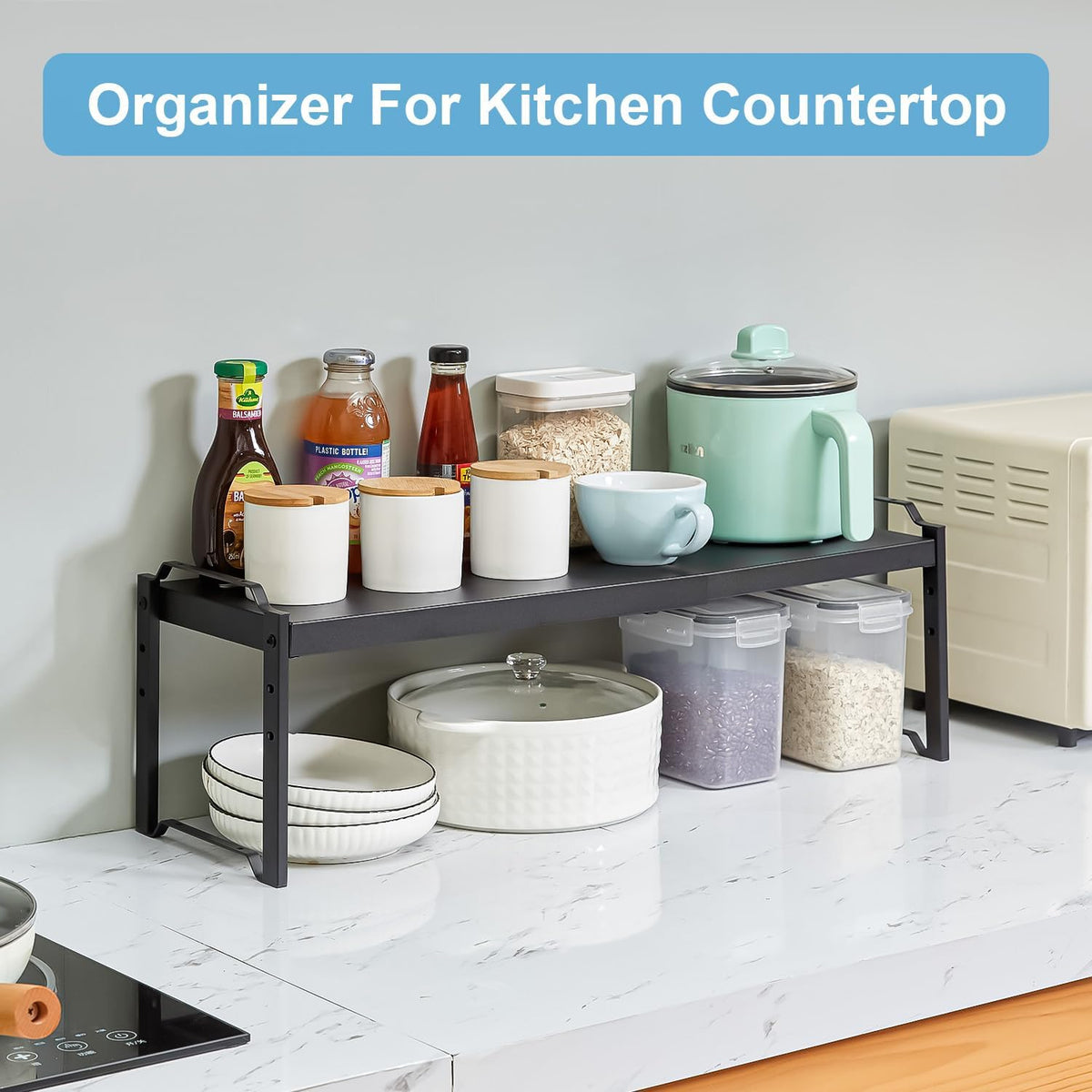 Set of 2 Expandable Kitchen Cabinet Shelves Organizers, Stackable Adjustable Small Storage Shelf Rack Stand For Pantry Cabinet Cupboard Kitchen Counter Organization, 22 lbs Capacity, Length:20.5"