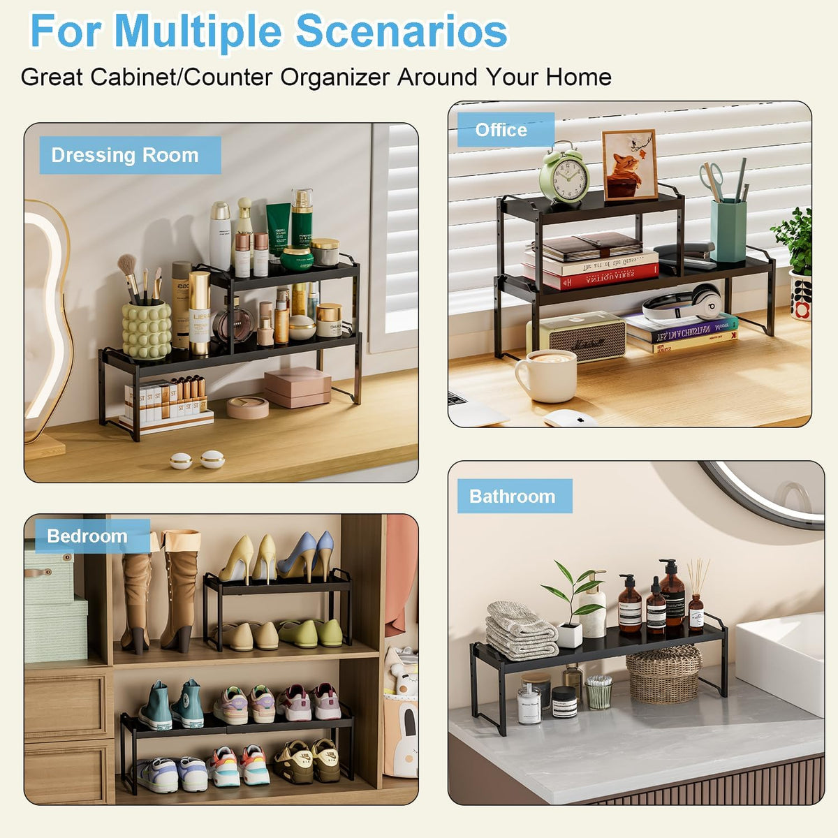 Set of 2 Expandable Kitchen Cabinet Shelves Organizers, Stackable Adjustable Small Storage Shelf Rack Stand For Pantry Cabinet Cupboard Kitchen Counter Organization, 22 lbs Capacity, Length:20.5"