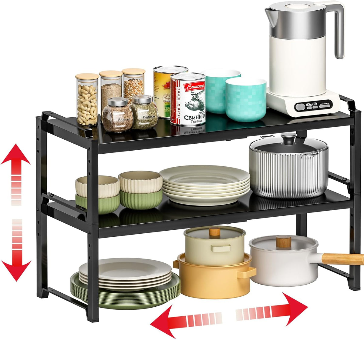 Set of 2 Expandable Kitchen Cabinet Shelves Organizers, Stackable Adjustable Small Storage Shelf Rack Stand For Pantry Cabinet Cupboard Kitchen Counter Organization, 22 lbs Capacity, Length:20.5"