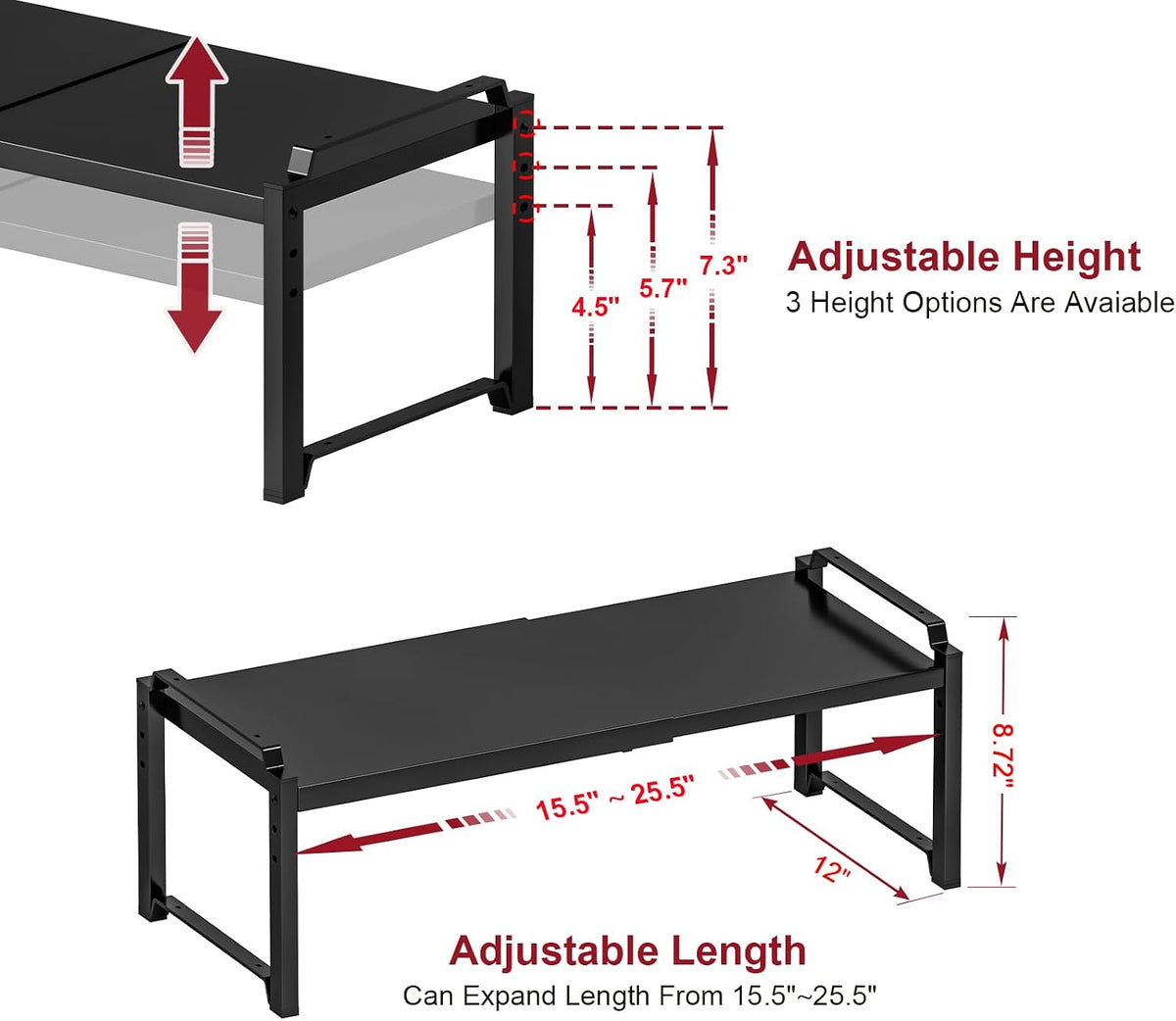 Set of 2 Expandable Kitchen Cabinet Shelves Organizers, Stackable Adjustable Small Storage Shelf Rack Stand For Pantry Cabinet Cupboard Kitchen Counter Organization, 22 lbs Capacity, Length:20.5"