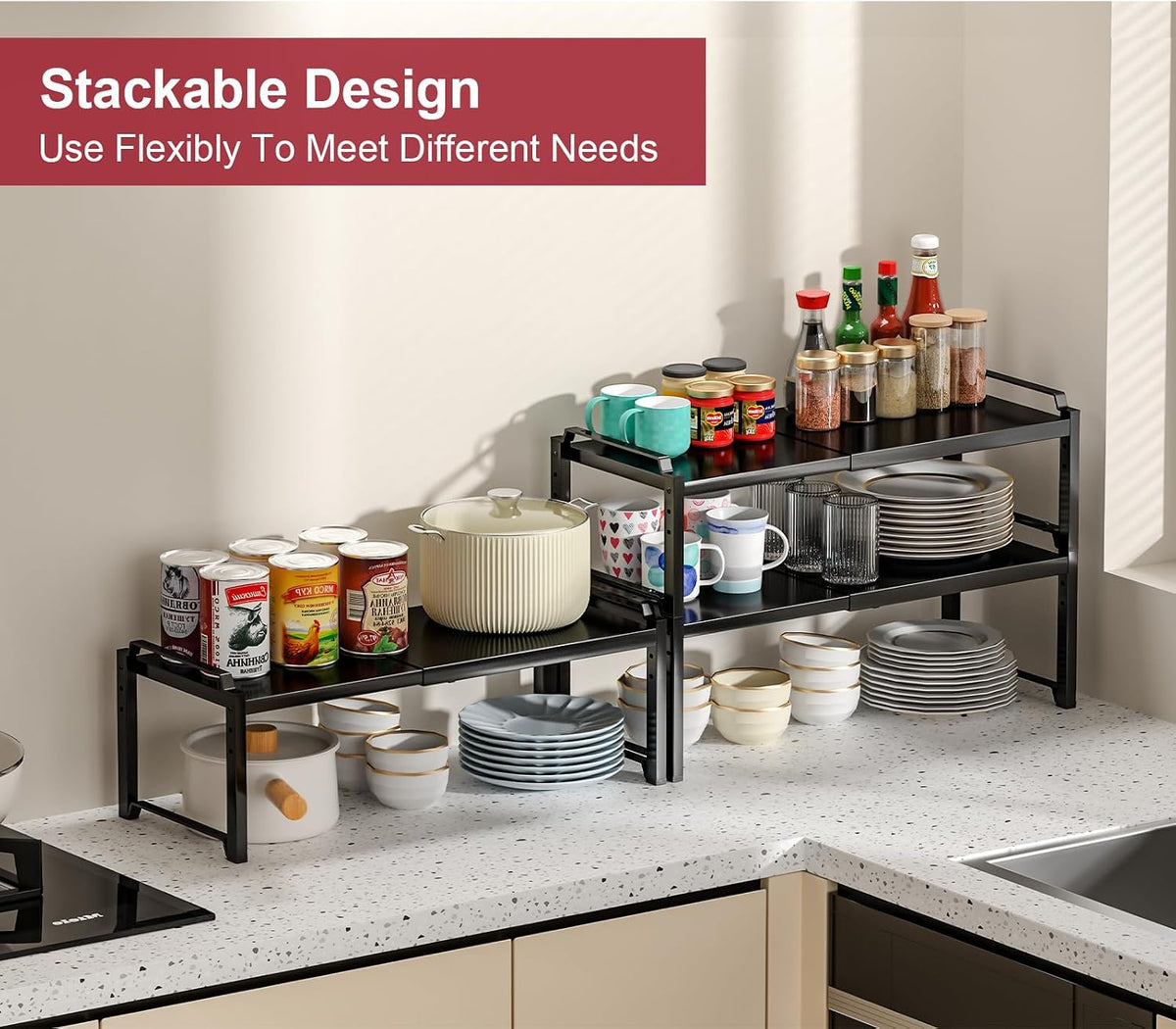 Set of 2 Expandable Kitchen Cabinet Shelves Organizers, Stackable Adjustable Small Storage Shelf Rack Stand For Pantry Cabinet Cupboard Kitchen Counter Organization, 22 lbs Capacity, Length:20.5"