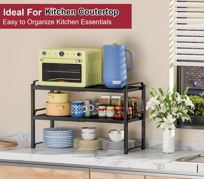 Set of 2 Expandable Kitchen Cabinet Shelves Organizers, Stackable Adjustable Small Storage Shelf Rack Stand For Pantry Cabinet Cupboard Kitchen Counter Organization, 22 lbs Capacity, Length:20.5"
