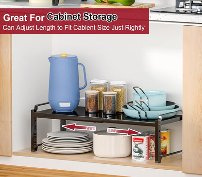 Set of 2 Expandable Kitchen Cabinet Shelves Organizers, Stackable Adjustable Small Storage Shelf Rack Stand For Pantry Cabinet Cupboard Kitchen Counter Organization, 22 lbs Capacity, Length:20.5"