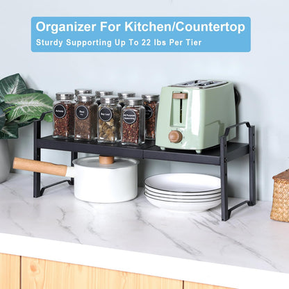 Set of 2 Expandable Kitchen Cabinet Shelves Organizers, Stackable Adjustable Small Storage Shelf Rack Stand For Pantry Cabinet Cupboard Kitchen Counter Organization, 22 lbs Capacity, Length:20.5"