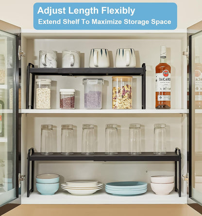 Set of 2 Expandable Kitchen Cabinet Shelves Organizers, Stackable Adjustable Small Storage Shelf Rack Stand For Pantry Cabinet Cupboard Kitchen Counter Organization, 22 lbs Capacity, Length:20.5"
