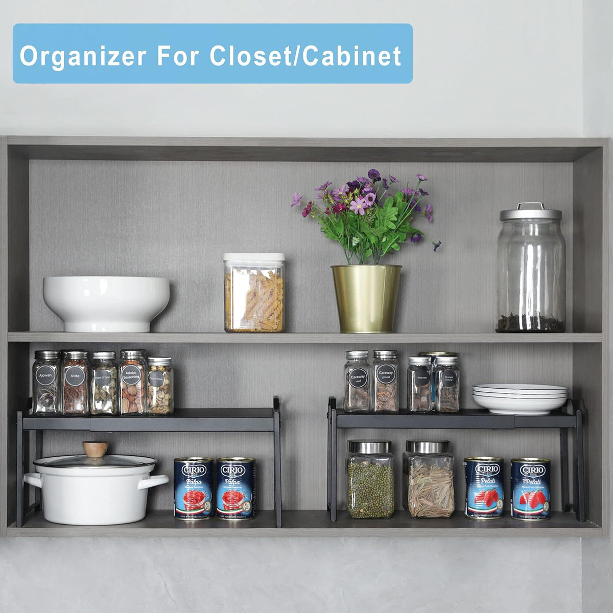 Set of 2 Expandable Kitchen Cabinet Shelves Organizers, Stackable Adjustable Small Storage Shelf Rack Stand For Pantry Cabinet Cupboard Kitchen Counter Organization, 22 lbs Capacity, Length:20.5"