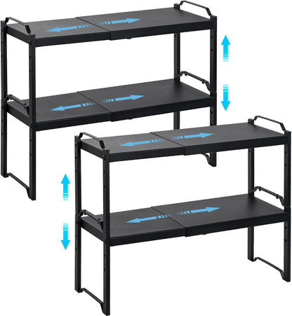 Set of 2 Expandable Kitchen Cabinet Shelves Organizers, Stackable Adjustable Small Storage Shelf Rack Stand For Pantry Cabinet Cupboard Kitchen Counter Organization, 22 lbs Capacity, Length:20.5"