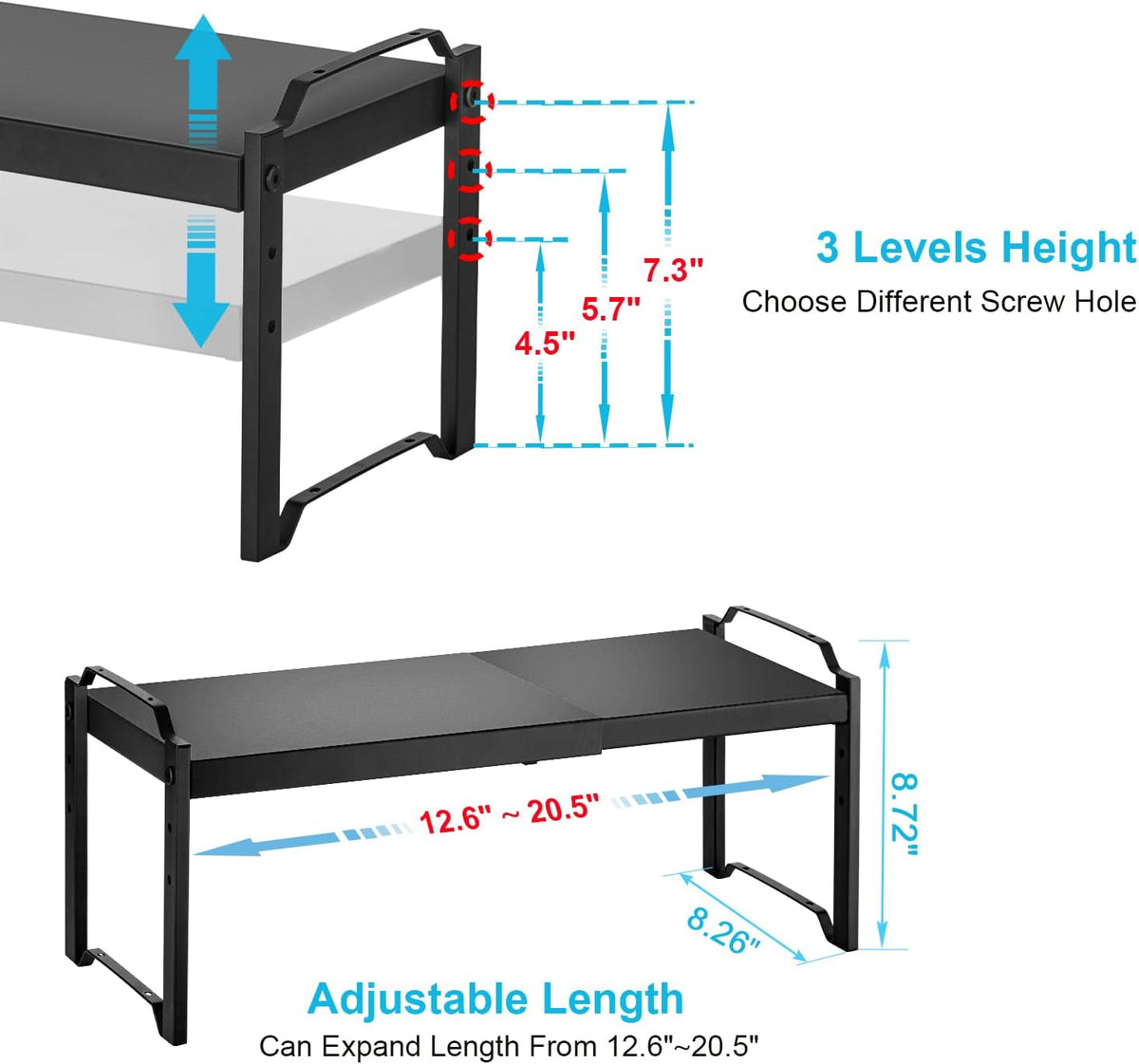 Set of 2 Expandable Kitchen Cabinet Shelves Organizers, Stackable Adjustable Small Storage Shelf Rack Stand For Pantry Cabinet Cupboard Kitchen Counter Organization, 22 lbs Capacity, Length:20.5"