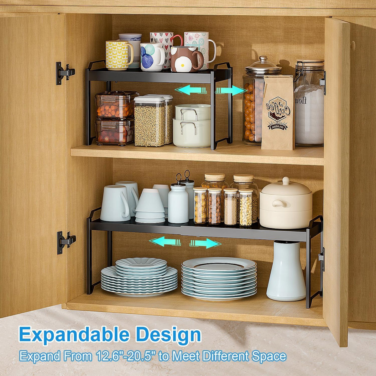 Set of 2 Expandable Kitchen Cabinet Shelves Organizers, Stackable Adjustable Small Storage Shelf Rack Stand For Pantry Cabinet Cupboard Kitchen Counter Organization, 22 lbs Capacity, Length:20.5"