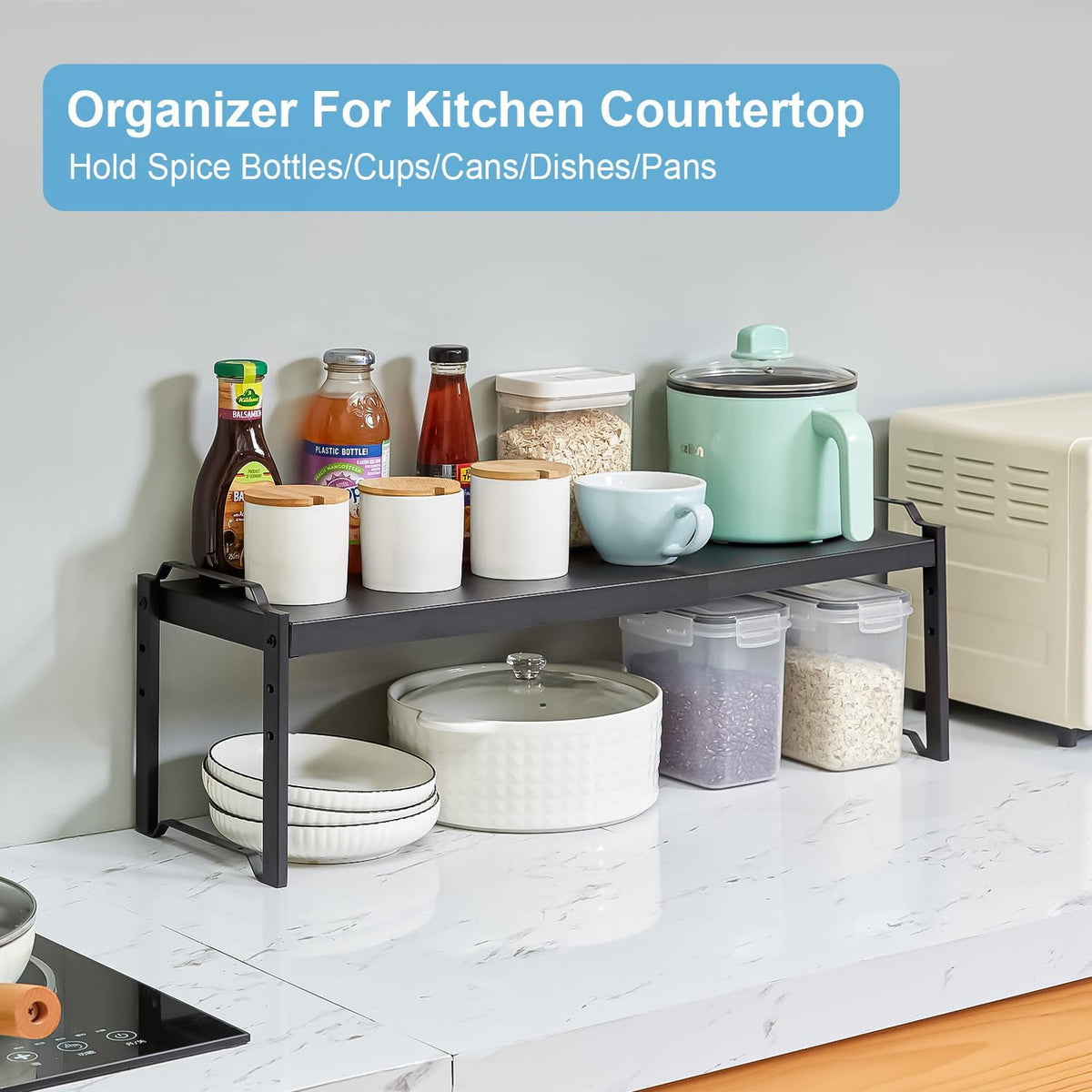 Set of 2 Expandable Kitchen Cabinet Shelves Organizers, Stackable Adjustable Small Storage Shelf Rack Stand For Pantry Cabinet Cupboard Kitchen Counter Organization, 22 lbs Capacity, Length:20.5"