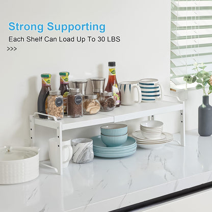 Set of 2 Expandable Kitchen Cabinet Shelves Organizers, Stackable Adjustable Small Storage Shelf Rack Stand For Pantry Cabinet Cupboard Kitchen Counter Organization, 22 lbs Capacity, Length:20.5"