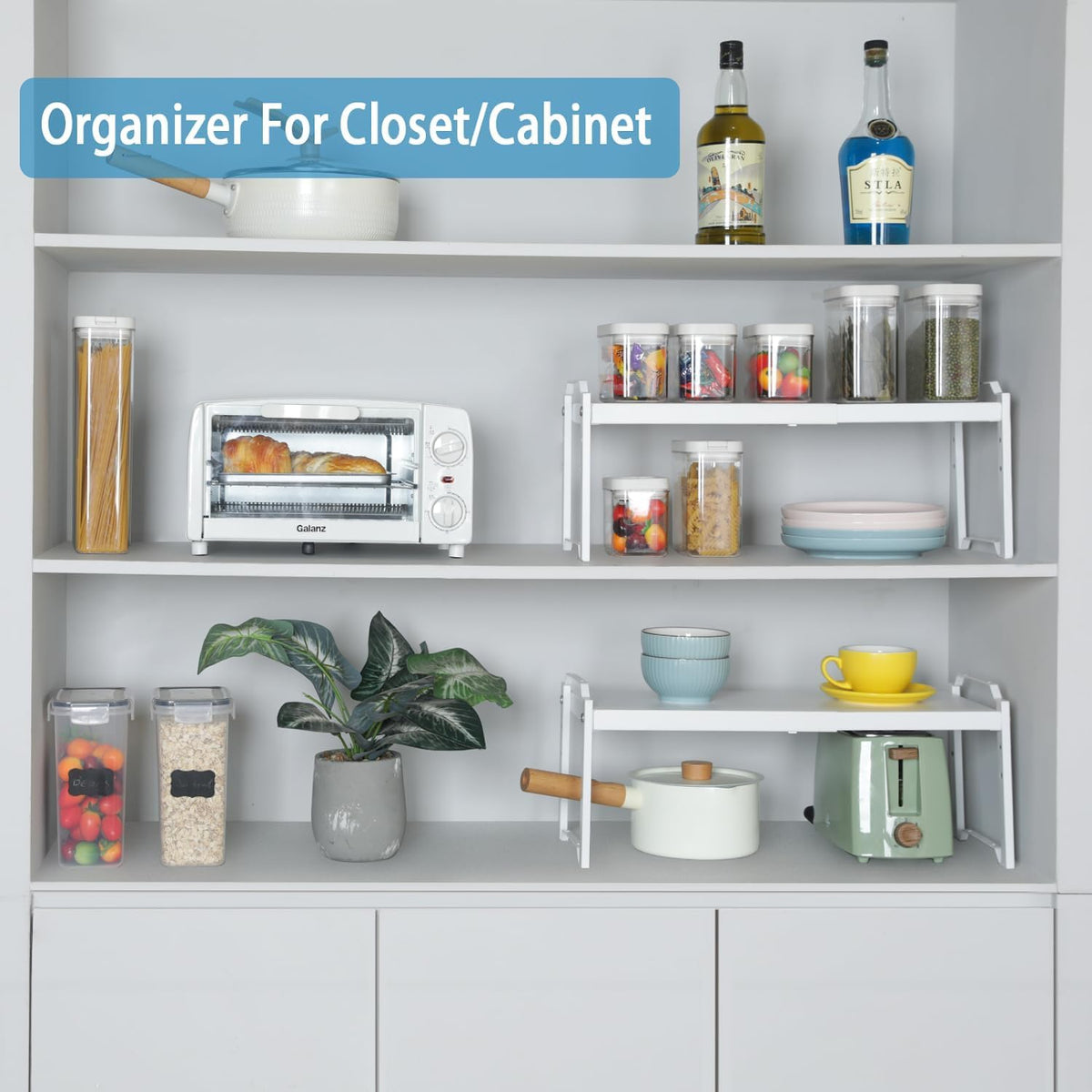 Set of 2 Expandable Kitchen Cabinet Shelves Organizers, Stackable Adjustable Small Storage Shelf Rack Stand For Pantry Cabinet Cupboard Kitchen Counter Organization, 22 lbs Capacity, Length:20.5"