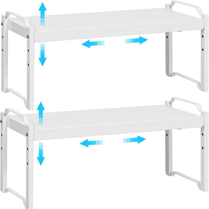 Set of 2 Expandable Kitchen Cabinet Shelves Organizers, Stackable Adjustable Small Storage Shelf Rack Stand For Pantry Cabinet Cupboard Kitchen Counter Organization, 22 lbs Capacity, Length:20.5"