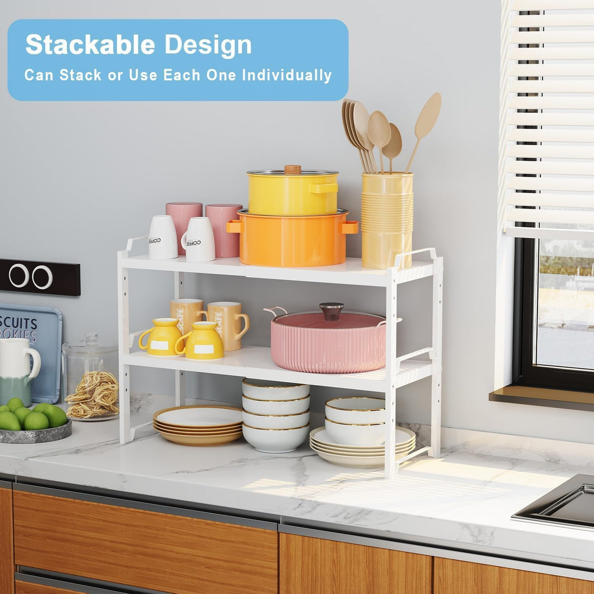 Set of 2 Expandable Kitchen Cabinet Shelves Organizers, Stackable Adjustable Small Storage Shelf Rack Stand For Pantry Cabinet Cupboard Kitchen Counter Organization, 22 lbs Capacity, Length:20.5"