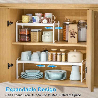 Set of 2 Expandable Kitchen Cabinet Shelves Organizers, Stackable Adjustable Small Storage Shelf Rack Stand For Pantry Cabinet Cupboard Kitchen Counter Organization, 22 lbs Capacity, Length:20.5"