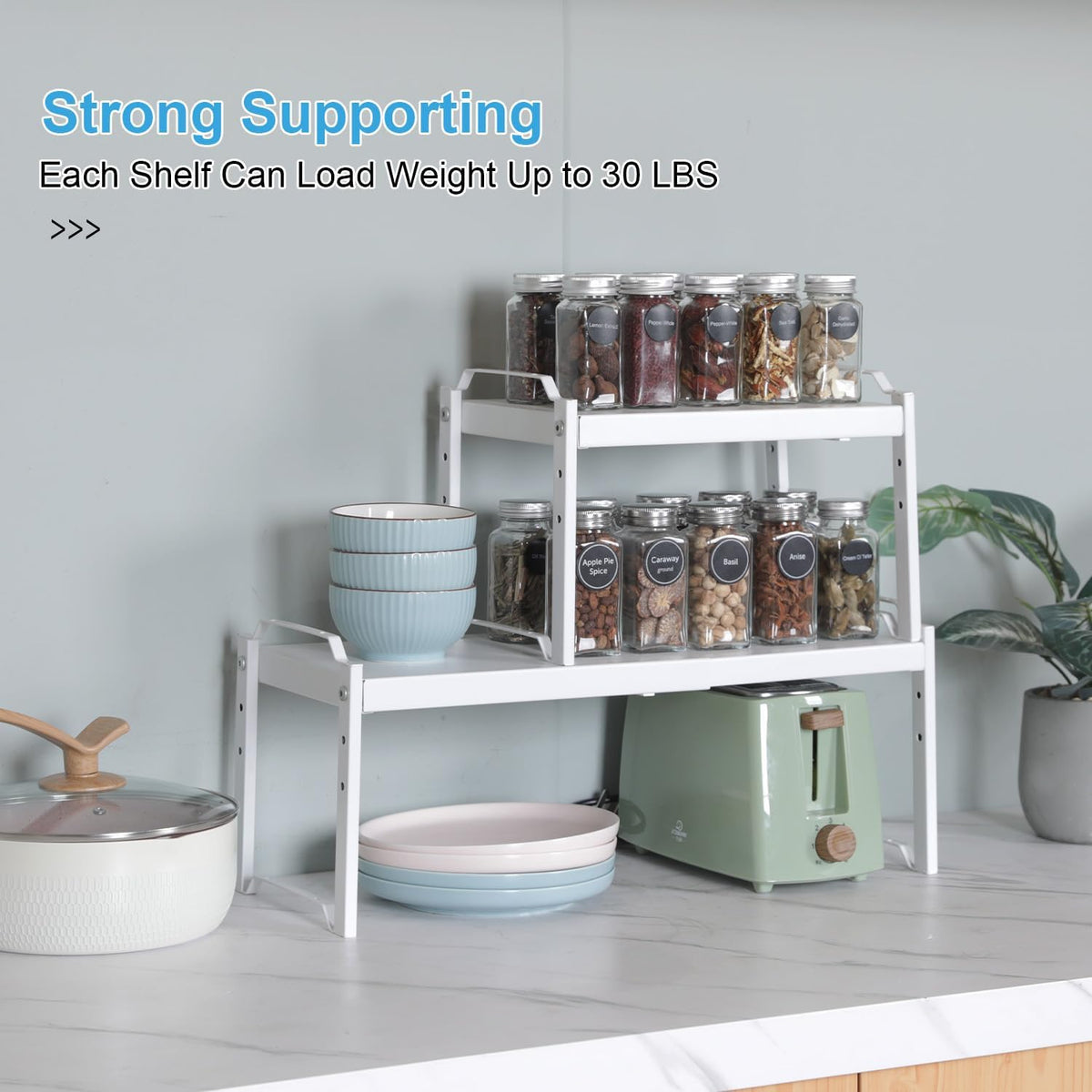 Set of 2 Expandable Kitchen Cabinet Shelves Organizers, Stackable Adjustable Small Storage Shelf Rack Stand For Pantry Cabinet Cupboard Kitchen Counter Organization, 22 lbs Capacity, Length:20.5"