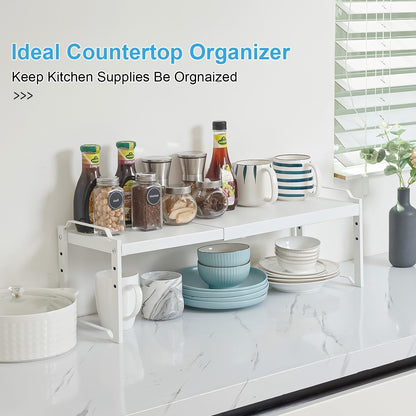 Set of 2 Expandable Kitchen Cabinet Shelves Organizers, Stackable Adjustable Small Storage Shelf Rack Stand For Pantry Cabinet Cupboard Kitchen Counter Organization, 22 lbs Capacity, Length:20.5"