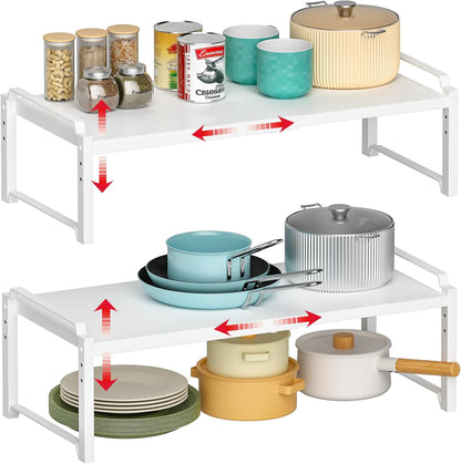 Set of 2 Expandable Kitchen Cabinet Shelves Organizers, Stackable Adjustable Small Storage Shelf Rack Stand For Pantry Cabinet Cupboard Kitchen Counter Organization, 22 lbs Capacity, Length:20.5"