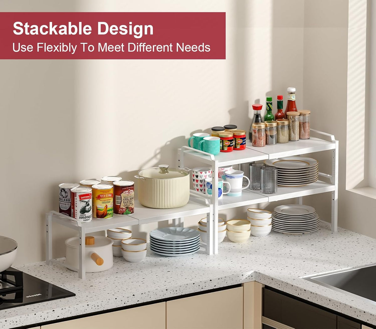 Set of 2 Expandable Kitchen Cabinet Shelves Organizers, Stackable Adjustable Small Storage Shelf Rack Stand For Pantry Cabinet Cupboard Kitchen Counter Organization, 22 lbs Capacity, Length:20.5"