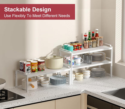Set of 2 Expandable Kitchen Cabinet Shelves Organizers, Stackable Adjustable Small Storage Shelf Rack Stand For Pantry Cabinet Cupboard Kitchen Counter Organization, 22 lbs Capacity, Length:20.5"