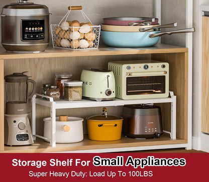 Set of 2 Expandable Kitchen Cabinet Shelves Organizers, Stackable Adjustable Small Storage Shelf Rack Stand For Pantry Cabinet Cupboard Kitchen Counter Organization, 22 lbs Capacity, Length:20.5"