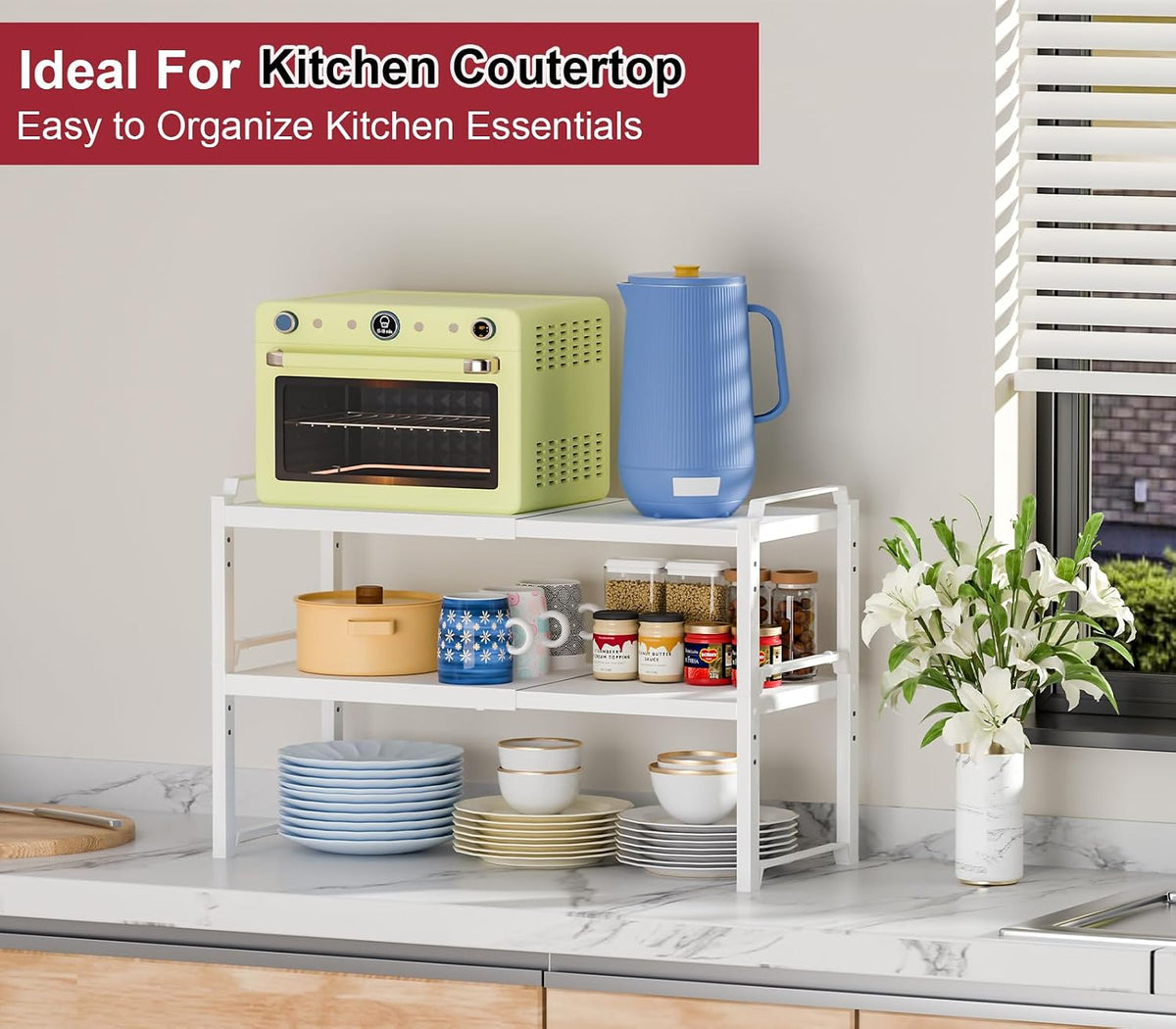 Set of 2 Expandable Kitchen Cabinet Shelves Organizers, Stackable Adjustable Small Storage Shelf Rack Stand For Pantry Cabinet Cupboard Kitchen Counter Organization, 22 lbs Capacity, Length:20.5"