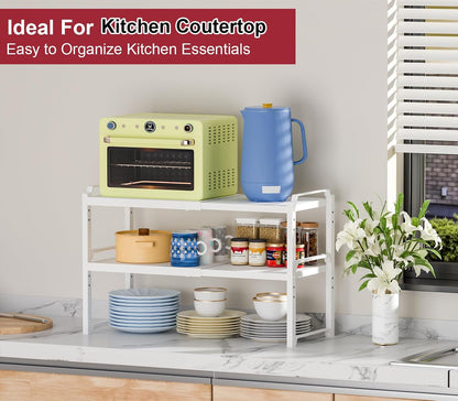 Set of 2 Expandable Kitchen Cabinet Shelves Organizers, Stackable Adjustable Small Storage Shelf Rack Stand For Pantry Cabinet Cupboard Kitchen Counter Organization, 22 lbs Capacity, Length:20.5"