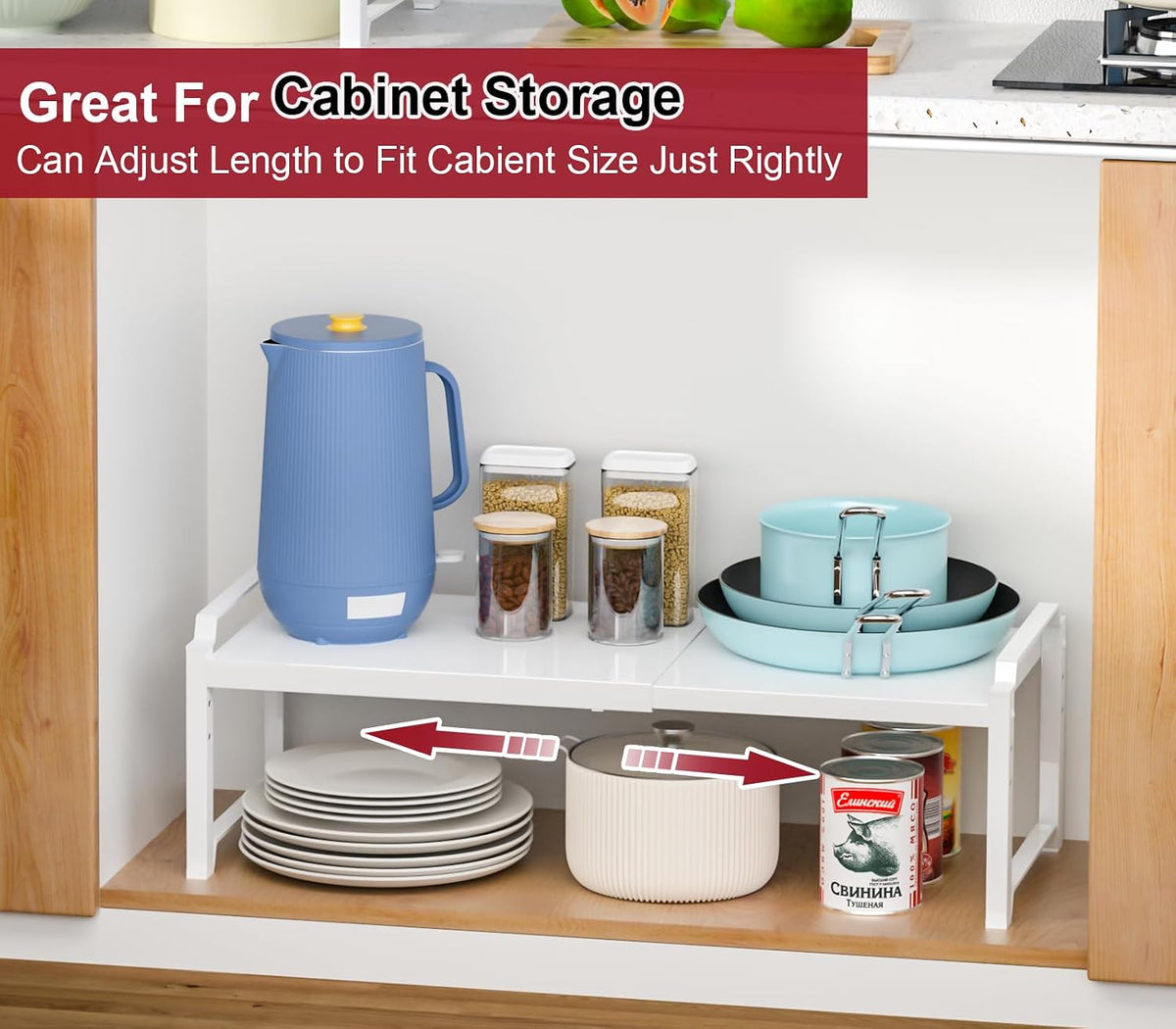 Set of 2 Expandable Kitchen Cabinet Shelves Organizers, Stackable Adjustable Small Storage Shelf Rack Stand For Pantry Cabinet Cupboard Kitchen Counter Organization, 22 lbs Capacity, Length:20.5"