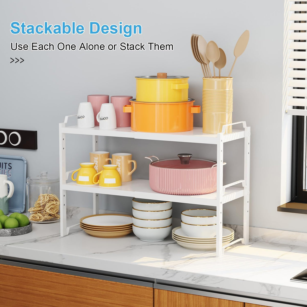 Set of 2 Expandable Kitchen Cabinet Shelves Organizers, Stackable Adjustable Small Storage Shelf Rack Stand For Pantry Cabinet Cupboard Kitchen Counter Organization, 22 lbs Capacity, Length:20.5"