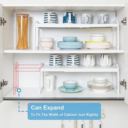 Set of 2 Expandable Kitchen Cabinet Shelves Organizers, Stackable Adjustable Small Storage Shelf Rack Stand For Pantry Cabinet Cupboard Kitchen Counter Organization, 22 lbs Capacity, Length:20.5"
