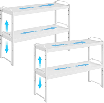 Set of 2 Expandable Kitchen Cabinet Shelves Organizers, Stackable Adjustable Small Storage Shelf Rack Stand For Pantry Cabinet Cupboard Kitchen Counter Organization, 22 lbs Capacity, Length:20.5"