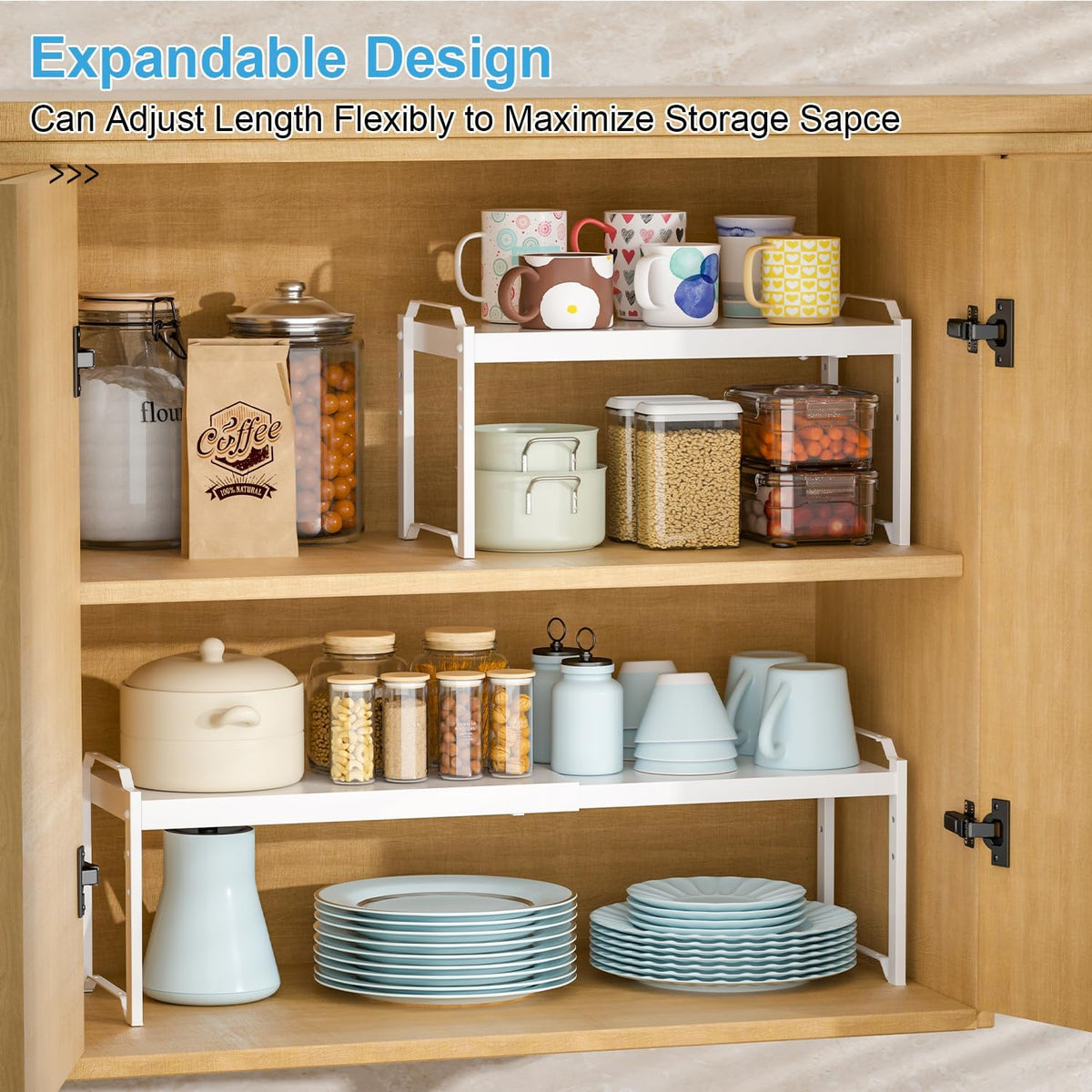 Set of 2 Expandable Kitchen Cabinet Shelves Organizers, Stackable Adjustable Small Storage Shelf Rack Stand For Pantry Cabinet Cupboard Kitchen Counter Organization, 22 lbs Capacity, Length:20.5"