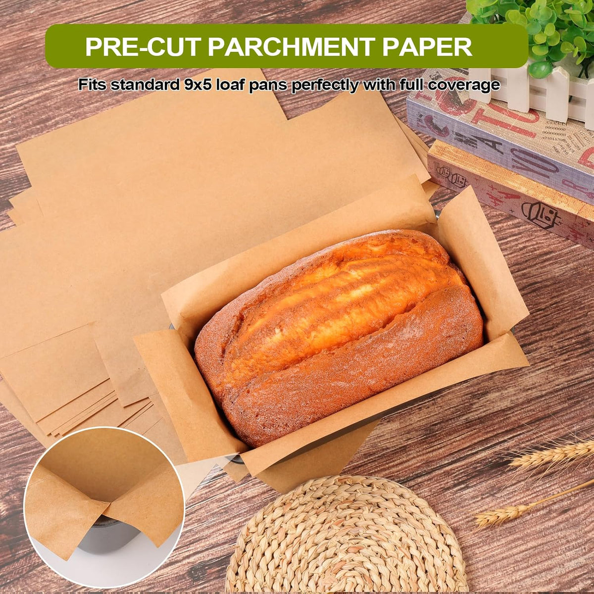 Unbleached Parchment Paper Loaf Pan Liner - Precut 9''x5'' Non-Stick, Fits 8.5''x4.5''/10''x5'' Loaf Pans, Heat-Resistant 430°F BPA-Free Food-Safe for Bread Baking