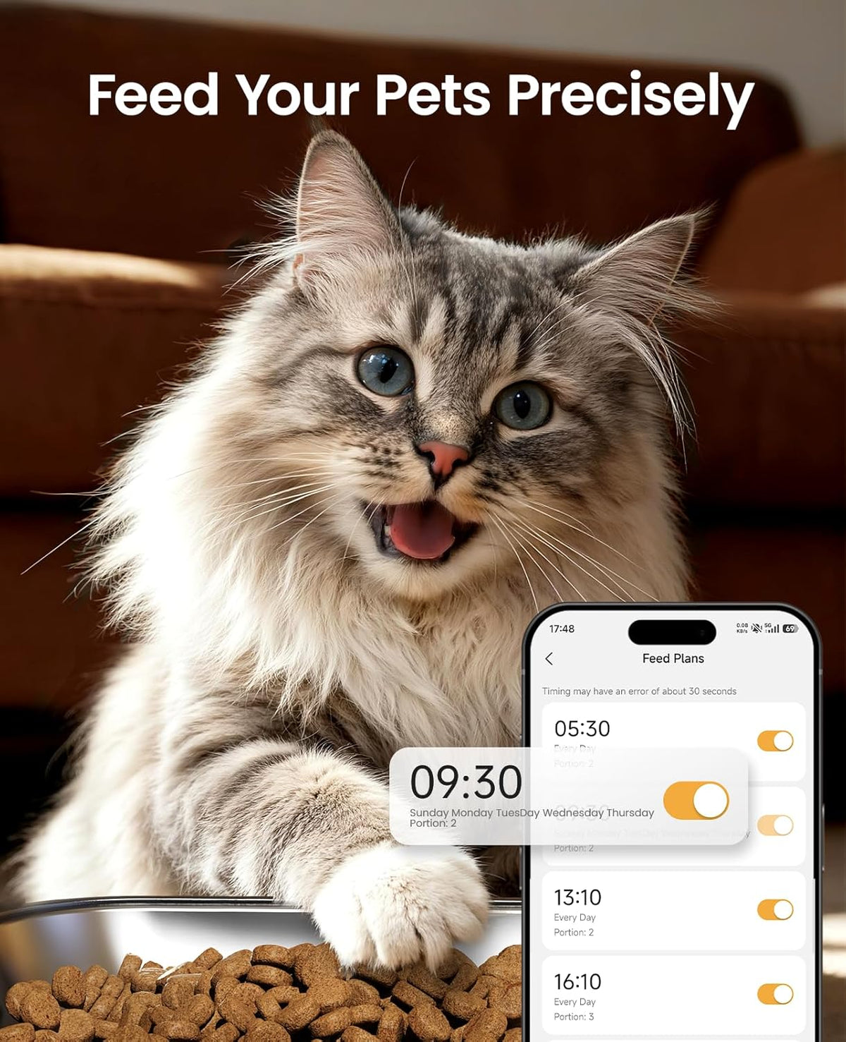 5G WiFi Automatic Cat Feeder for 2 Cats, App Control, 20 Cups/5L