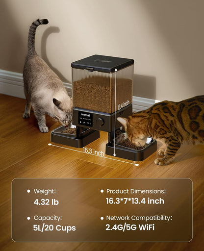 5G WiFi Automatic Cat Feeder for 2 Cats, App Control, 20 Cups/5L