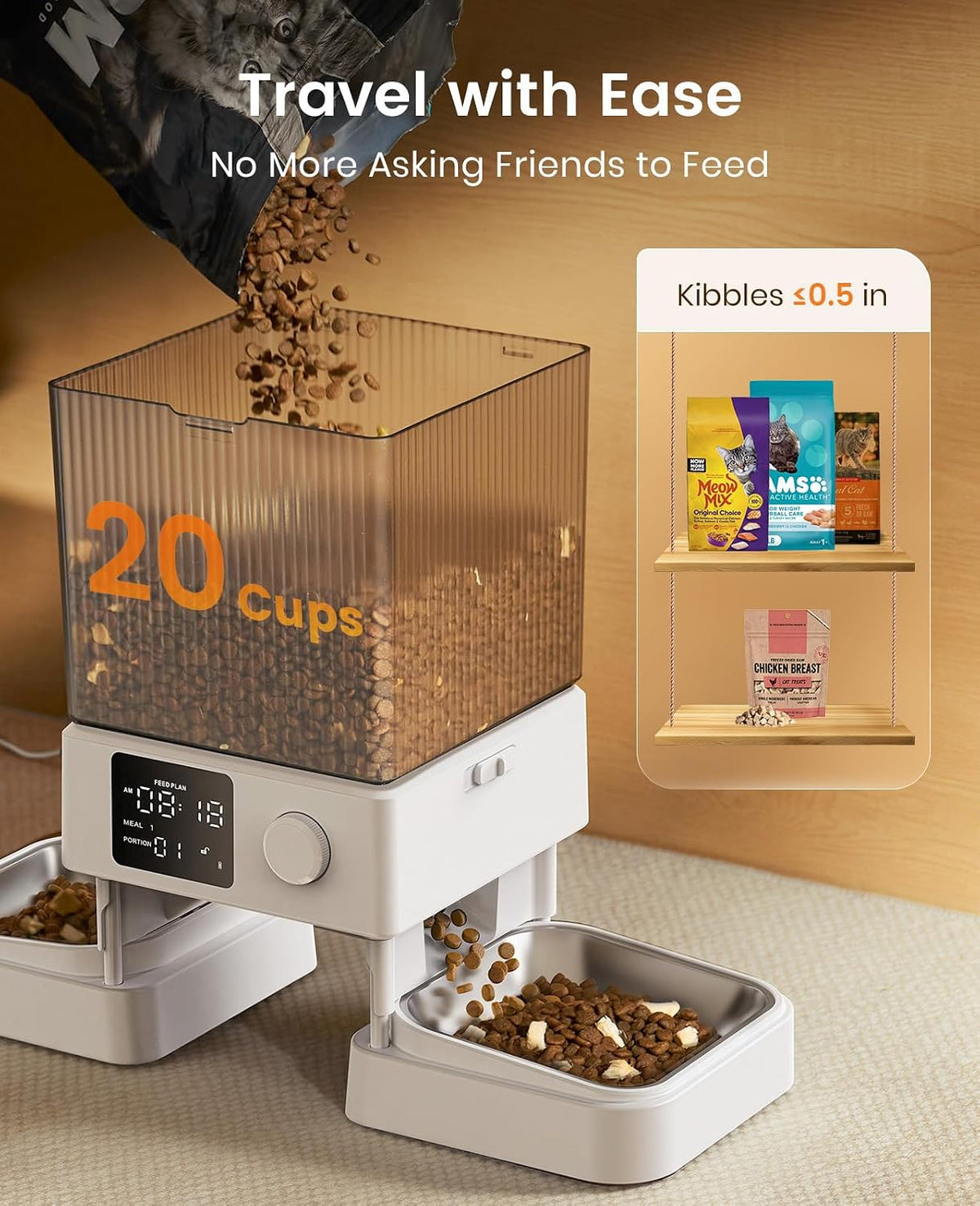 5G WiFi Automatic Cat Feeder for 2 Cats, App Control, 20 Cups/5L