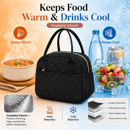 Lunch Box for Women Insulated Lunch Bag Lunchbox Cooler Thermal Leakproof Quilted Reusable Lunch Tote Bag for Work School Travel Picnic (Black) - Colors B