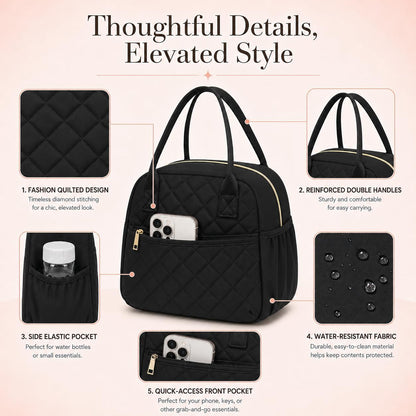 Lunch Box for Women Insulated Lunch Bag Lunchbox Cooler Thermal Leakproof Quilted Reusable Lunch Tote Bag for Work School Travel Picnic (Black) - Colors B