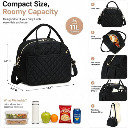 Lunch Box for Women Insulated Lunch Bag Lunchbox Cooler Thermal Leakproof Quilted Reusable Lunch Tote Bag for Work School Travel Picnic (Black) - Colors B