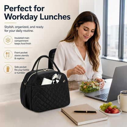 Lunch Box for Women Insulated Lunch Bag Lunchbox Cooler Thermal Leakproof Quilted Reusable Lunch Tote Bag for Work School Travel Picnic (Black) - Colors B