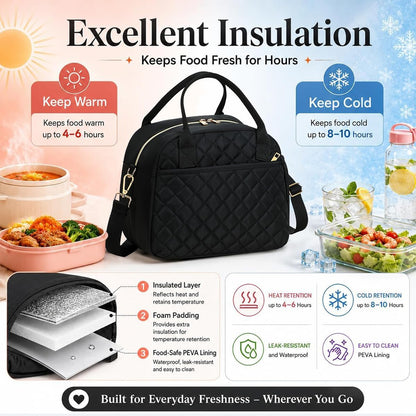 Lunch Box for Women Insulated Lunch Bag Lunchbox Cooler Thermal Leakproof Quilted Reusable Lunch Tote Bag for Work School Travel Picnic (Black) - Colors B