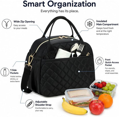 Lunch Box for Women Insulated Lunch Bag Lunchbox Cooler Thermal Leakproof Quilted Reusable Lunch Tote Bag for Work School Travel Picnic (Black) - Colors B