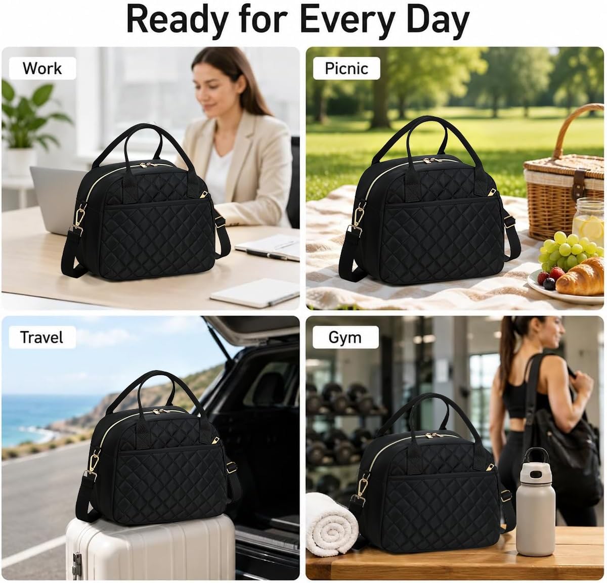 Lunch Box for Women Insulated Lunch Bag Lunchbox Cooler Thermal Leakproof Quilted Reusable Lunch Tote Bag for Work School Travel Picnic (Black) - Colors B